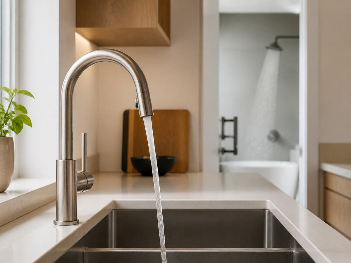 Kitchen faucet running with a shower visible in the background