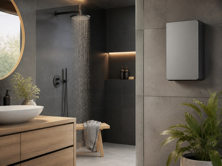 Modern shower and a generic tankless water heater in a calm bathroom setting