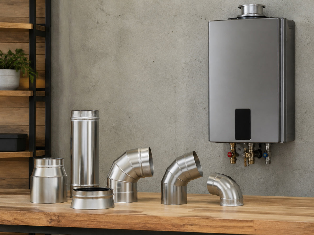 Metal vent components arranged as planning samples near a generic gas water heater