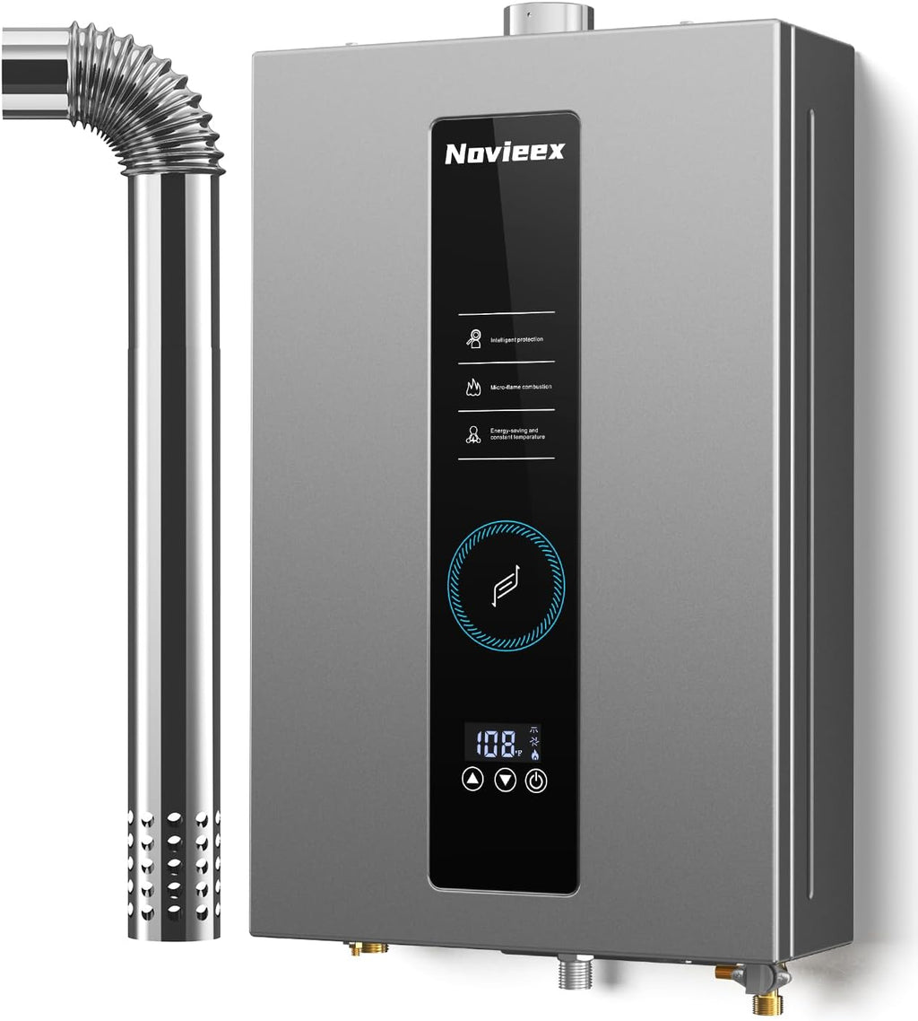 Tankless Water Heater, Novieex On Demand Water Heater Natural Gas, Up to 3.6 GPM, 86,000 BTU Instant Hot Water Heater with LED Display, Indoor Installation, 2-3 Point Use for Family Bathroom Kitchen
