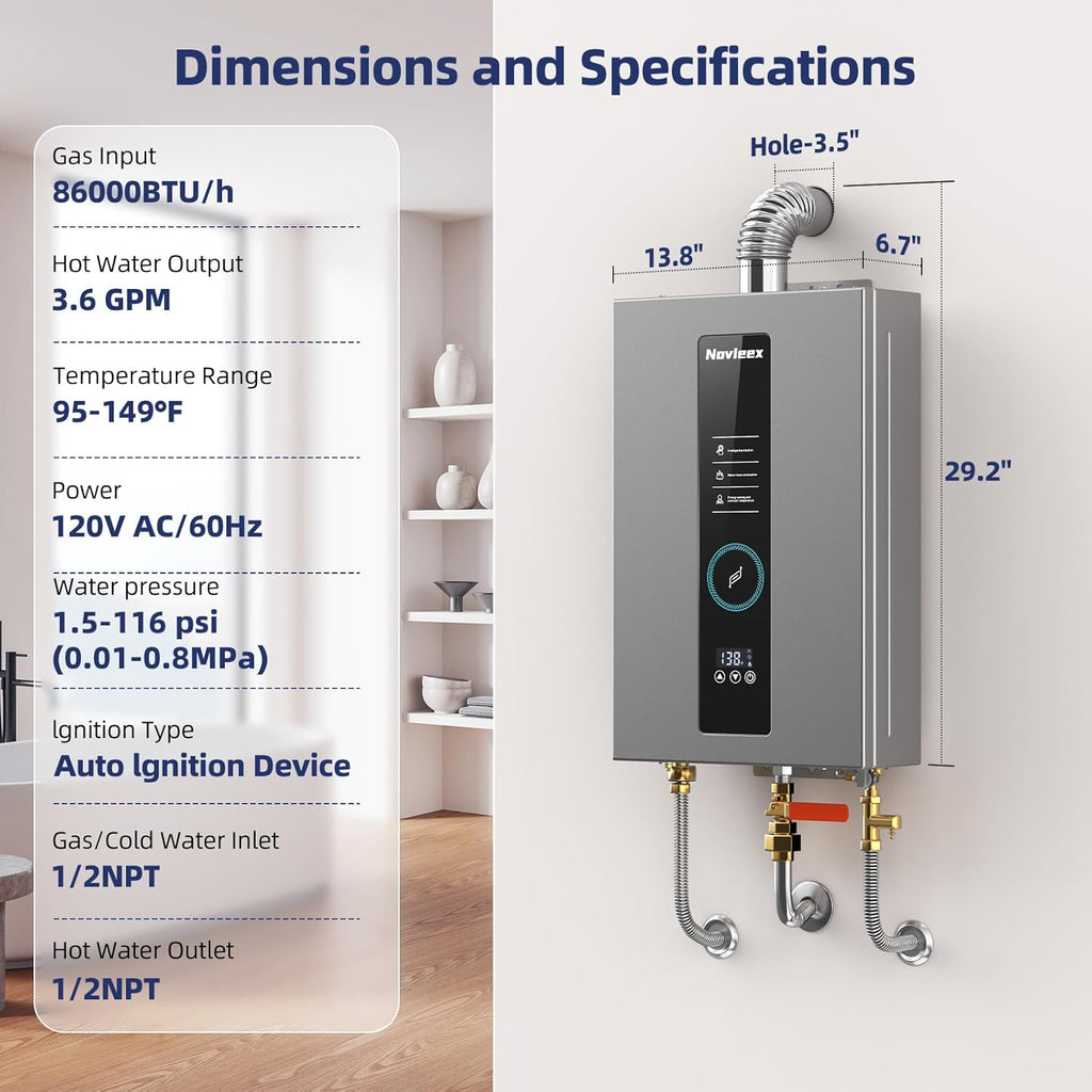 Tankless Water Heater, Novieex On Demand Water Heater Natural Gas, Up to 3.6 GPM, 86,000 BTU Instant Hot Water Heater with LED Display, Indoor Installation, 2-3 Point Use for Family Bathroom Kitchen