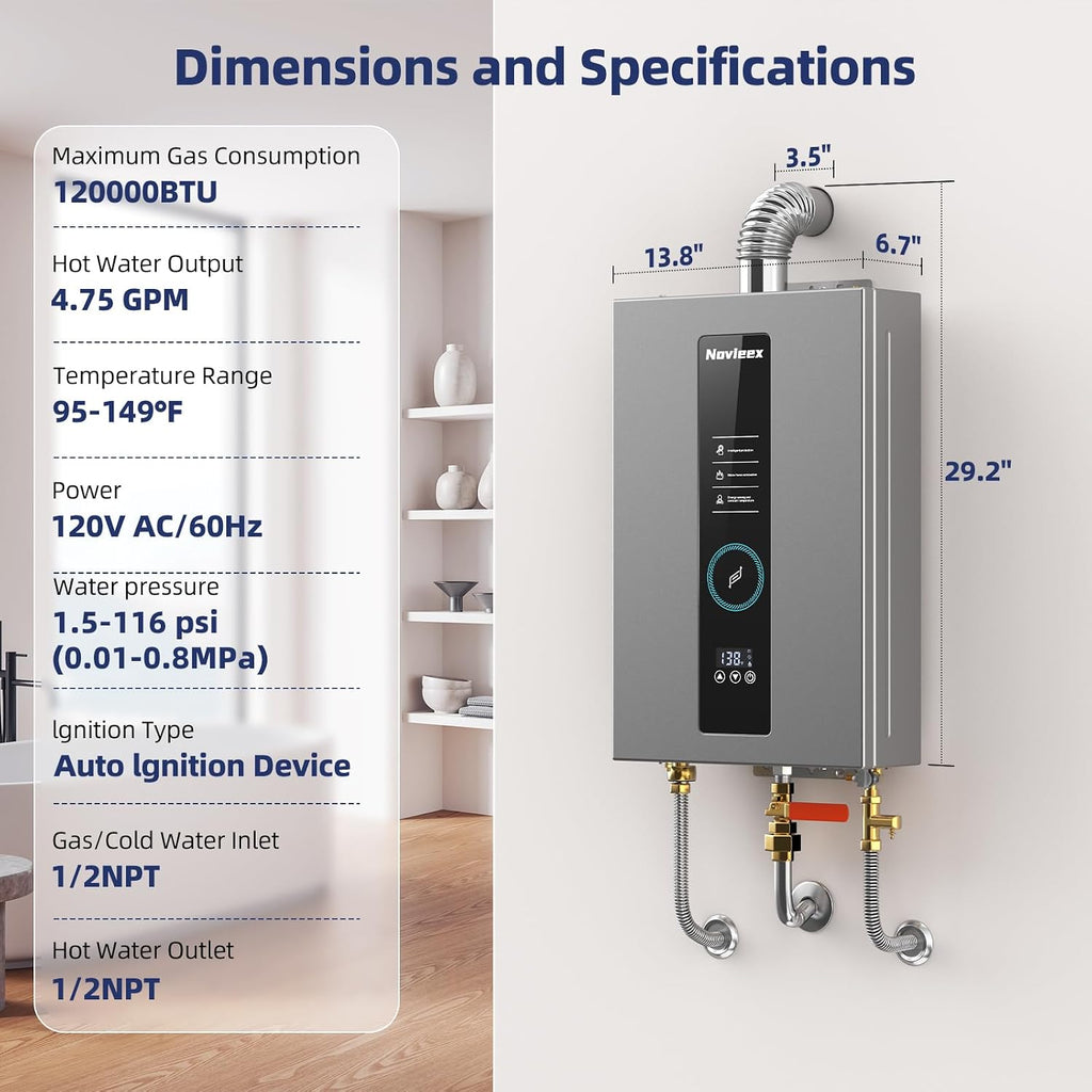Tankless Water Heater, Novieex On Demand Water Heater Propane Gas, Up to 4.75 GPM, 100000 BTU Instant with LED Display, Indoor Installation, 2-4 Point Use for Family Bathroom Kitchen